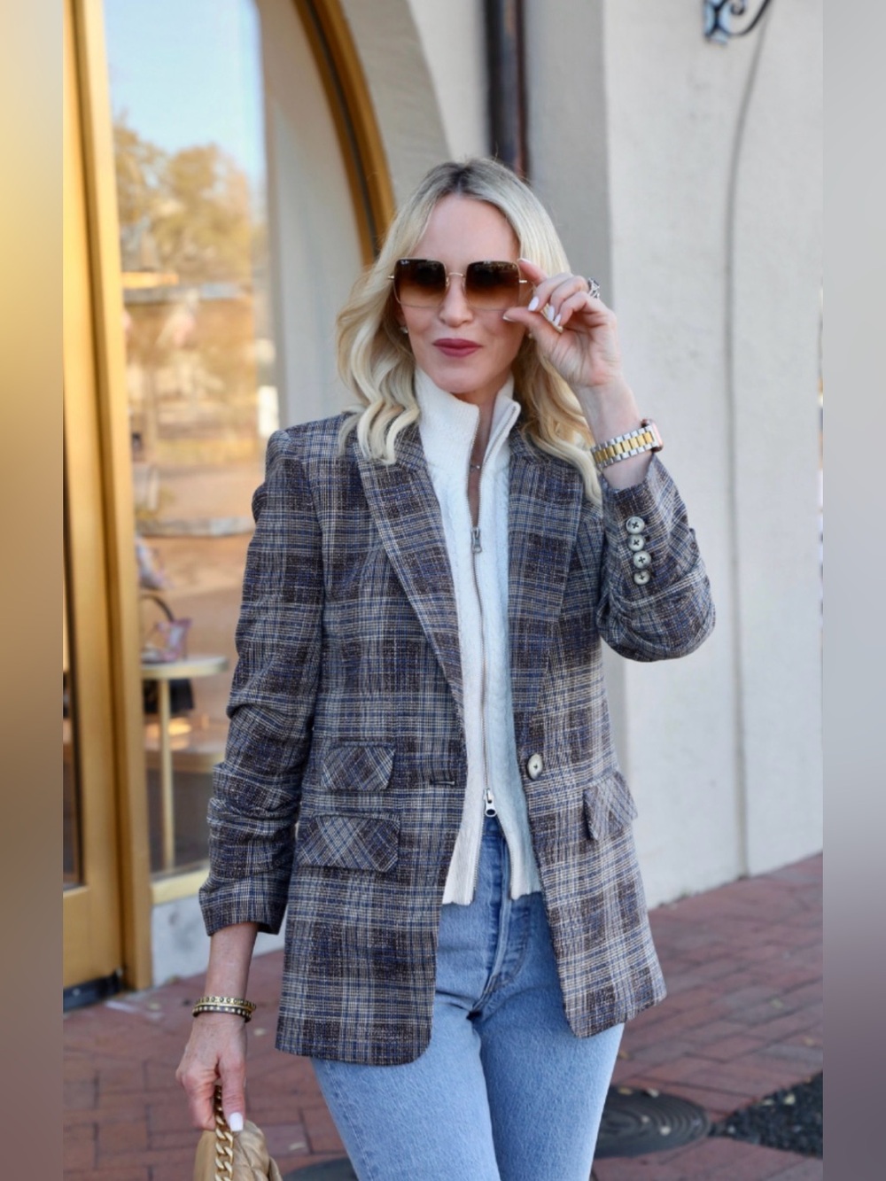 VERONICA BEARD Dickey Blue Plaid MARTEL Ruched Slv Cotton Linen Blazer Jacket 8 - Picture 6 of 16